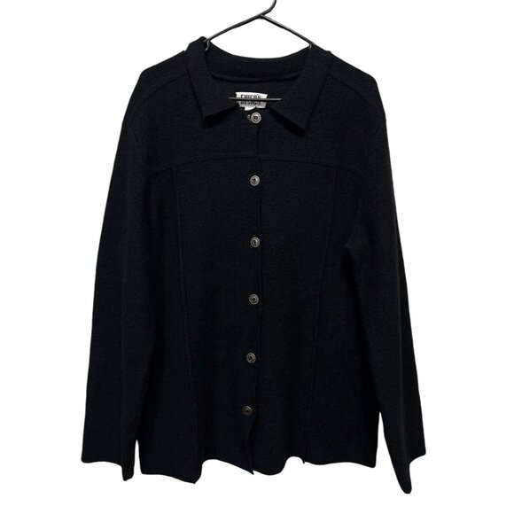 Chicos 1 Design Women 100% Wool Black Sweater Buttons Long Sleeves Medium Size - Picture 1 of 7